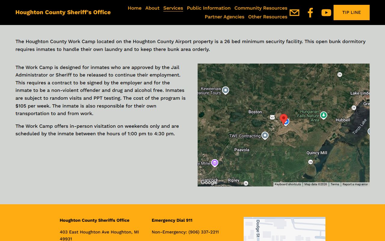 Houghton County Work Camp custody search and inmate work program source page